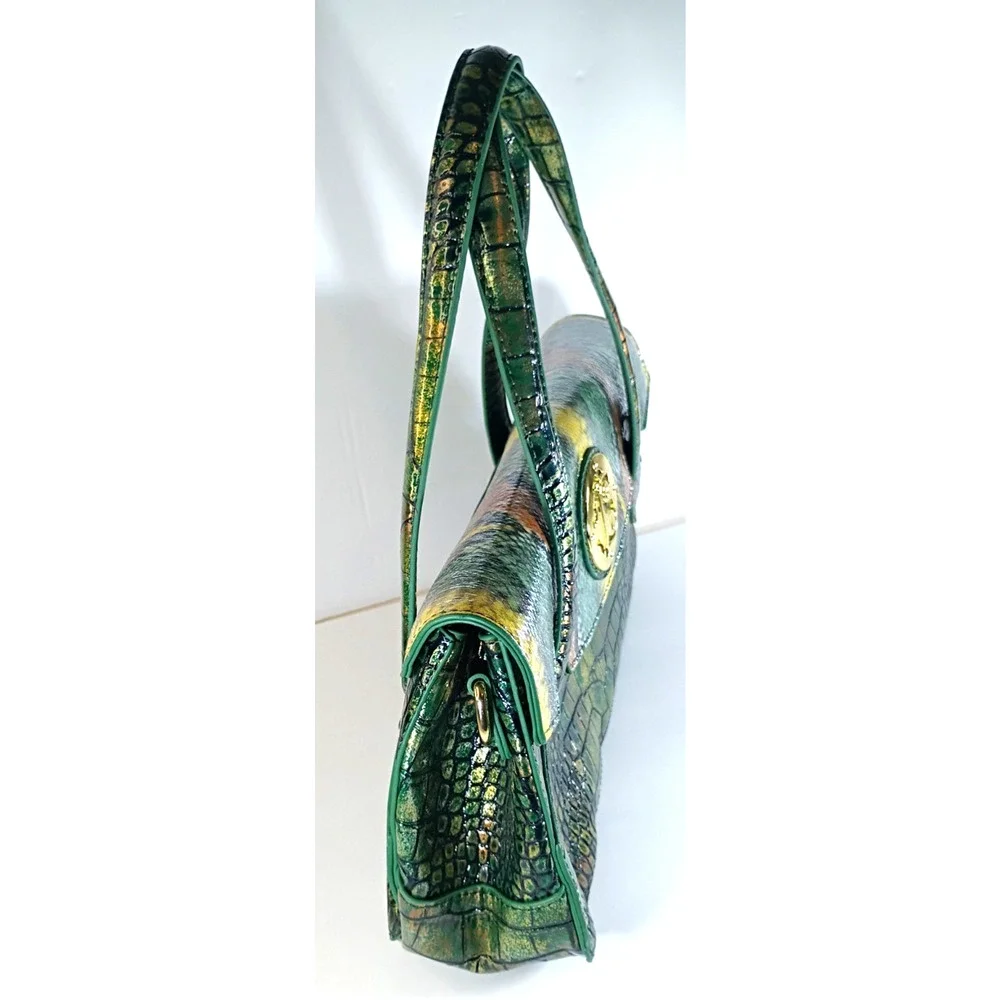 Vintage Sharif Metallic Green Gold Reptile Embossed Crossbody Flap Bag Y2K EUC